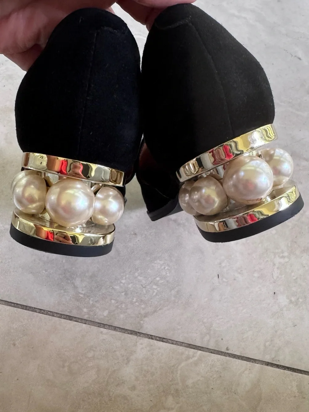 Jeffrey Campbell CIVIL Black Suede Pearl Heel Tassel Loafers Statement Shoes 6